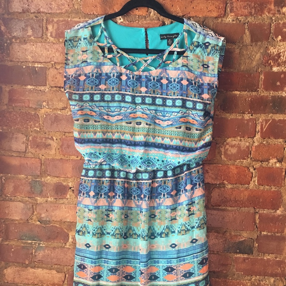 Blue tribal print dress with cut out neck line